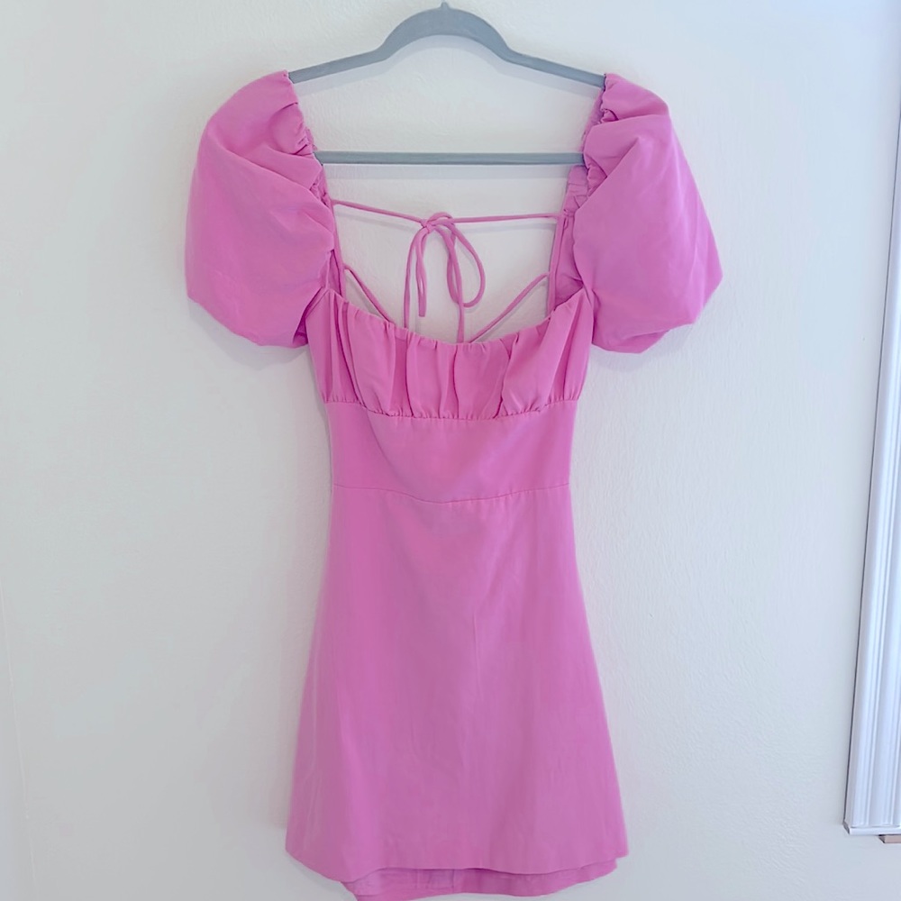 Lace up pink Zara puff sleeve mini dress Sz M